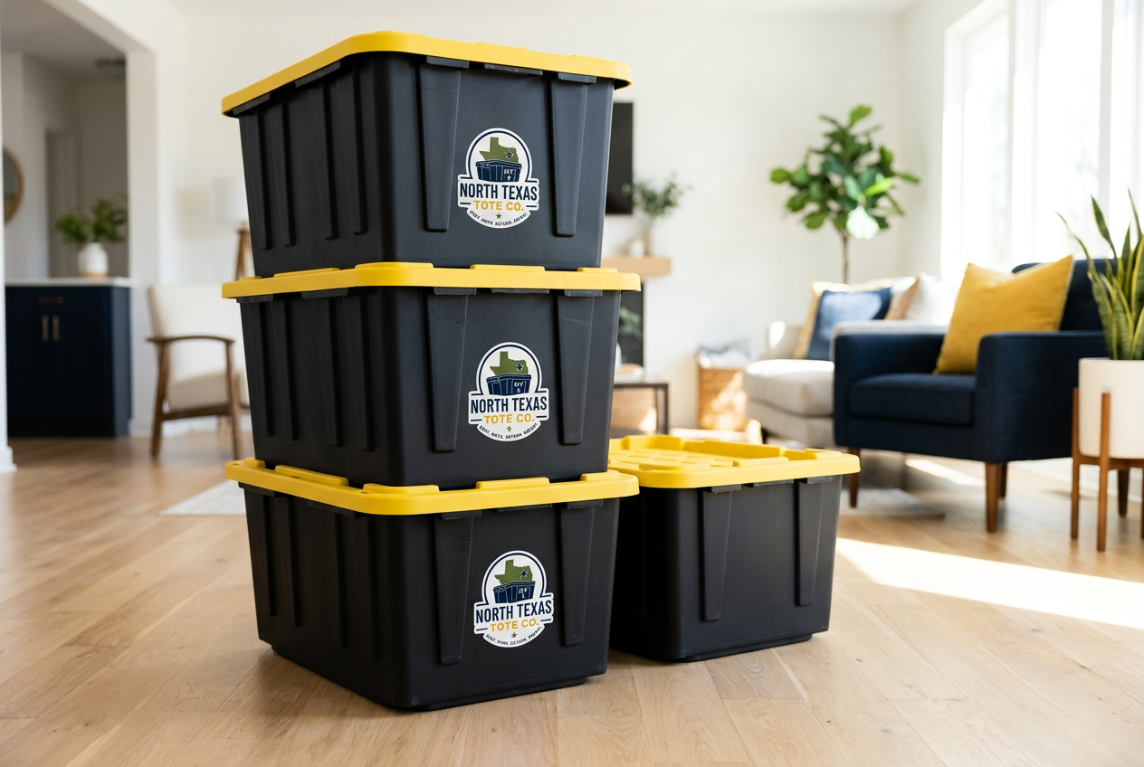 Stacked navy moving totes with yellow label pouches in a bright living room